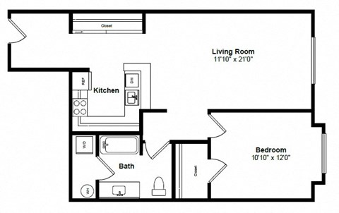Floor plan for 1 bed, 1 bath, 764 sqft